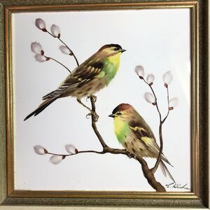 Rosenthal Vintage Porcelain Tile Handpainted birds pussywillows Artist signed
